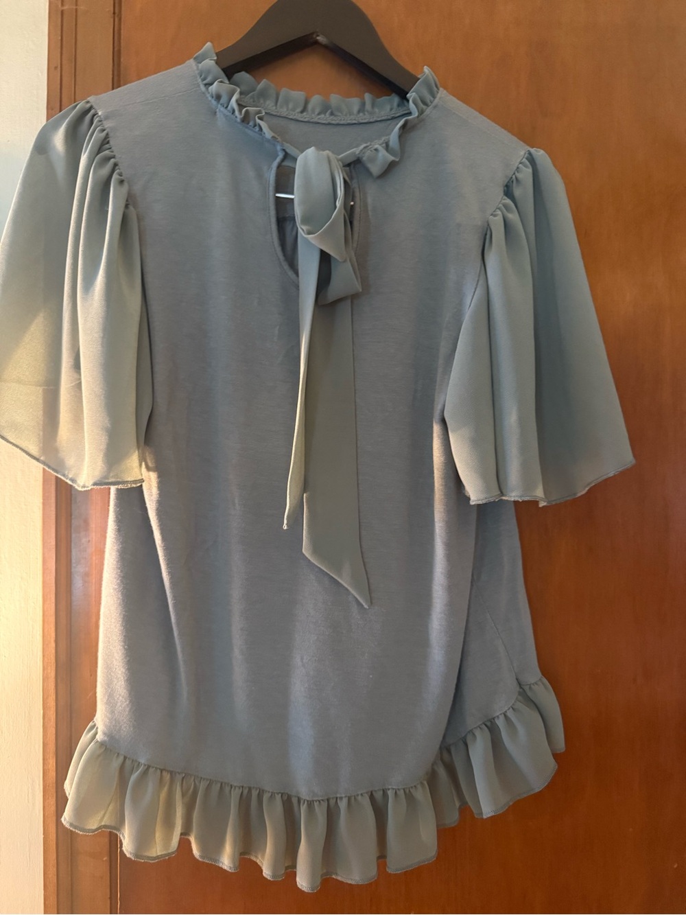 Kim & Cami Light Green Ruffle Tie-Neck Blouse